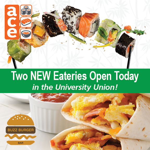 sacstatedining's tweet photo. Two NEW eateries open today in the Union! Try ACE Sushi’s unique & familiar sushi-inspired options, including rolls, poke bowls, & more. And Buzz Burger Bar, with breakfast sammies & burritos, & mouthwatering burgers for lunch! Meal Deals too! #buzzburgerbar #sacstatedining https://t.co/kwLGCyRLs2