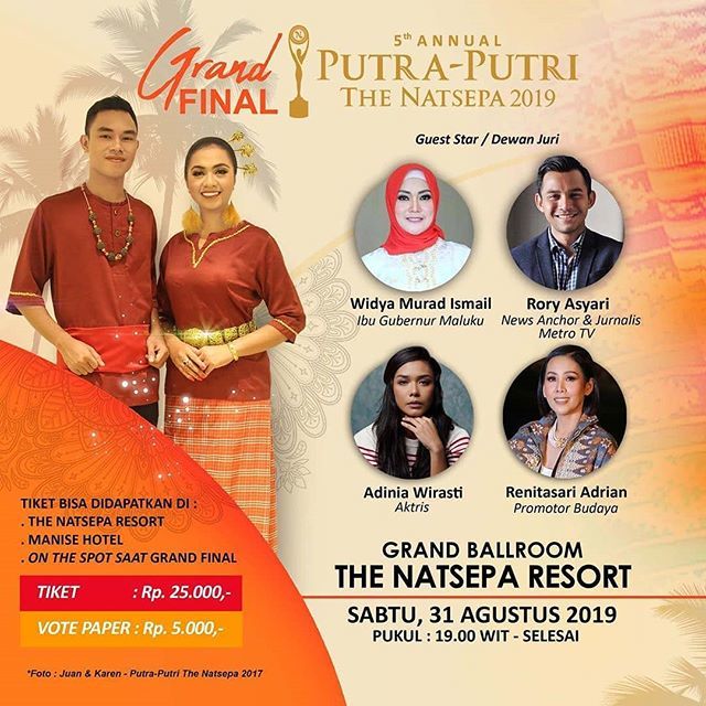 malukuevent's tweet photo. @officialpptn Mempersembahkan

Grand Final Putra - Putri The Natsepa Ambon 2019

Sabtu, 31 Agustus 2019
Pukul : 19.00 WIT - Selesai
di Grand Ballroom The Natsepa Resort Ambon

Tiket bisa didapatkan di:
The Natsepa Resort
Manise Hotel
on the spot saat Gra… https://t.co/NskO4vrcQt https://t.co/5n1lQRF1xW