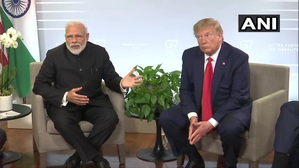 ANI's tweet image. Prime Minister Narendra Modi during bilateral meeting with US President Donald Trump at #G7Summit: All issues between India &amp;amp; Pakistan are bilateral in nature, that is why we don't bother any other country regarding them.