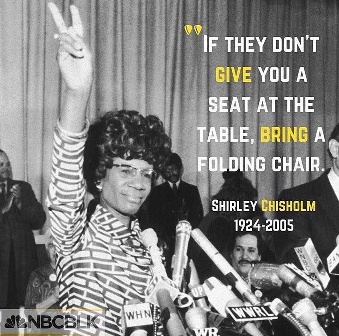 Our #MondayMotivation is the incredible Shirley Chisolm. She reminds us to always persevere. Today we say " If they don't give you a seat at the table, bring a folding chair" #feminist #womensrights
#ShapingAfricasFuture