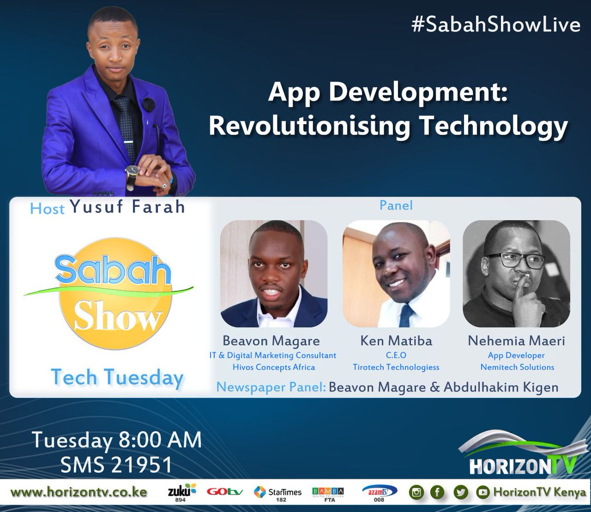 JamiaTvKenya's tweet photo. Tomorrow on #SabahShowLive Tech Tuesday, @farahjr002 looks at app development with @ne_maeri, @beavon_magare &amp; @kennethagufa with @KiplimoKigen on the newspaper review. 

 https://t.co/4jnFU4JiZT https://t.co/MeEhrin2j0