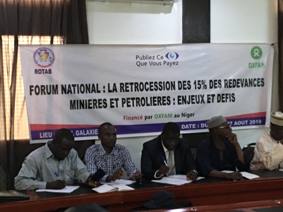#Forum #National : Rétrocession des 15% des redevances minières et pétrolières aux communes : Enjeux et défis organisé par le #Rotab #Niger Niger et <a href="/Oxfam/">Oxfam International</a> <a href="/oxfamfrance/">Oxfam France</a> @oxfamwestafrica @PWYPtweets <a href="/ElisaPeter/">Elisa Peter</a> <a href="/AliIDRISSA/">IDRISSA Ali</a> 
Dosso du 26 au 27 Août 2019