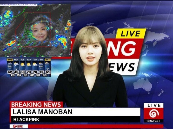 blinkeesh's tweet photo. I cannot! Lisa the weatherforecaster of a typhoon named Jenny 🤧😭

BLACKPINK IN YOUR AREA OF RESPONSIBILITY 😭😭

#JennyPH #BLACKPINK @ygofficialblink https://t.co/j1WlC4Vcl3