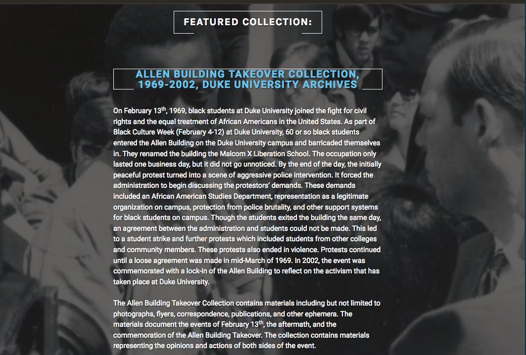PrjctSTAND's tweet photo. Featured Collection: Allen Building Takeover Collection @dukeuarchives On February 13th, 1969, black students at Duke University joined the fight for civil rights and the equal treatment of African Americans in the United States. https://t.co/AeA4ZNMbpF  #ProjectSTAND https://t.co/MVnpIGamQK