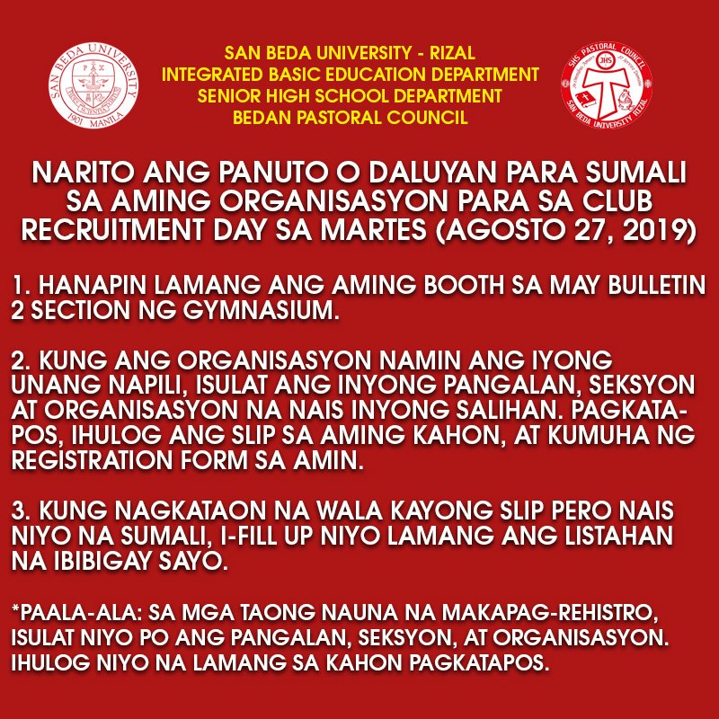 BPCSBUR's tweet photo. Narito ang proseso o official instructions sa dadating na Club Recruitment bukas, Martes, Agosto 27, 2019.
Basahin at intindihin ng mabuti ang mga instruction na naka-sulat.
Maraming salamat at kita-kits bukas!
#Padagos https://t.co/4UmXEHyCt8