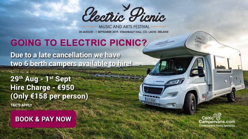 Heading to Electric Picnic this weekend? We have two 6 berth campers available to hire due to a cancellation. €950 or just €158 per person. Book now on celticcampervans.com <a href="/Camping_Ireland/">Camping Ireland</a> <a href="/EPfestival/">Electric Picnic</a> #ElectricPicnic #Campervan