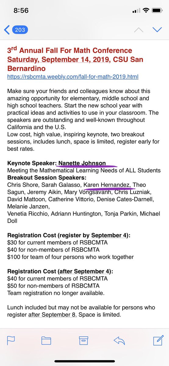KarenRabadan's tweet photo. Itโs right around the corner. Please pass the word around, great PD for teachers...AND Nanette Johnson will be there!!!! #iteachmath #caedchat #mathchat #knightsdoitright #shhs #fallformath #MTBoS #sbg https://t.co/M7kKLI7HYB