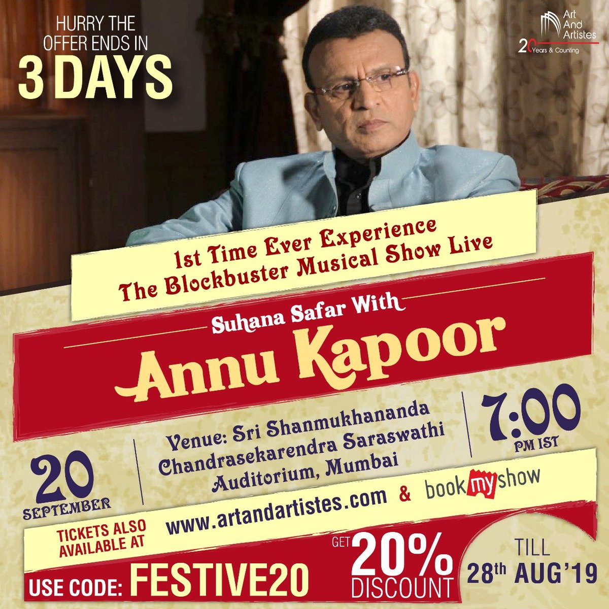ArtAndArtistes's tweet photo. Tickets for the live show, #SuhanaSafarWithAnnuKapoor are available on @bookmyshow and https://t.co/ysA5ylg8UO #hurry #seatsfillingfast!
Last #3Days to avail 20% discount, #grab your seats now!!
For bookings visit - https://t.co/yD30sd9re0
@annukapoor_ #MondayMotivation https://t.co/m9sXMMiyGU
