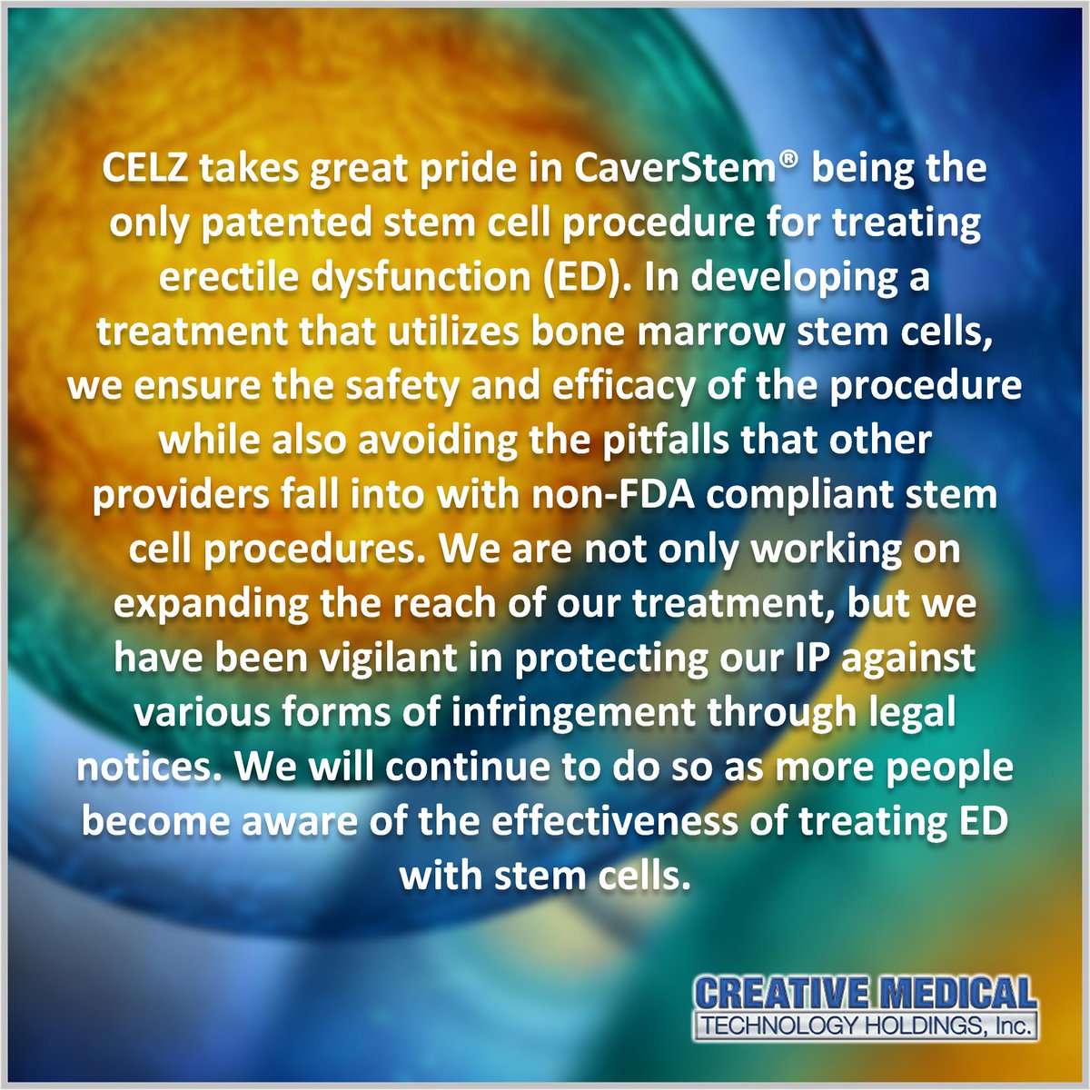 We've been working not only on expanding the reach of our patented CaverStem® procedure, but we've also been (and will continue to be) vigilant in protecting our IP against various forms of infringement. 

#OTC #investing #Biotechnology #seekingalpha #NYSE #motleyfool $CELZ