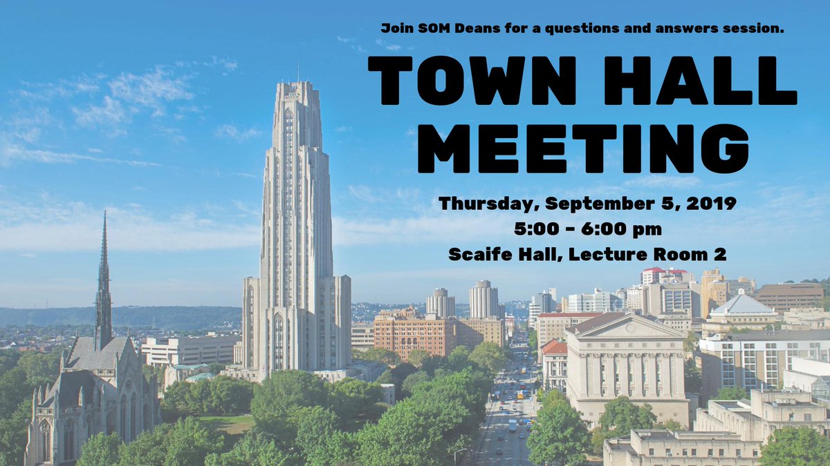 Student Affairs & Diversity Programs (@pittmedstudents) on Twitter photo Please join SOM Deans for a questions and answers session. The goal of our Town Hall Meetings is to hear students views, provide up to date information as well as give feed back on important issues that concern the School of Medicine. Please join SOM Deans for a questions and answers session. The goal of our Town Hall Meetings is to hear students views, provide up to date information as well as give feed back on important issues that concern the School of Medicine.