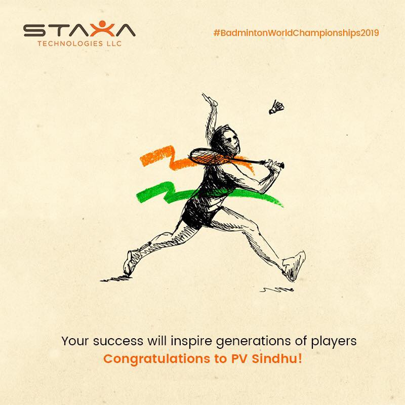 StaxaTechnolog1's tweet image. Indelible moment to celebrate.Breaking records and creating history! Congratulations #pvsindhu on the amazing performance and on becoming the 1stIndian evertowin BWF world championship! 
#staxatechnologies #BadmintonWorldChampionship #BWFWC2019 #BWFWorldChampionship2019 #PVSINDHU