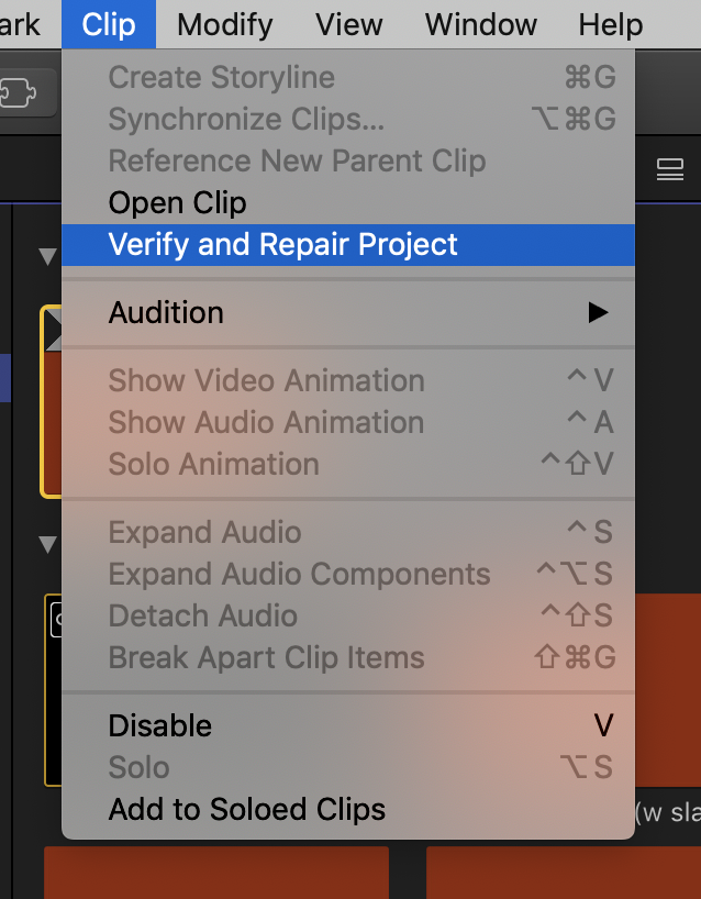chrisatlatenite's tweet photo. Got a Final Cut Pro X project that's acting a bit funky? There's a hidden "Verify &amp; Repair Project" option in the "Clip" menu - simply hold down OPTION when you press "Clip" to access it.

#fcpx https://t.co/pBsp7Mr7AH