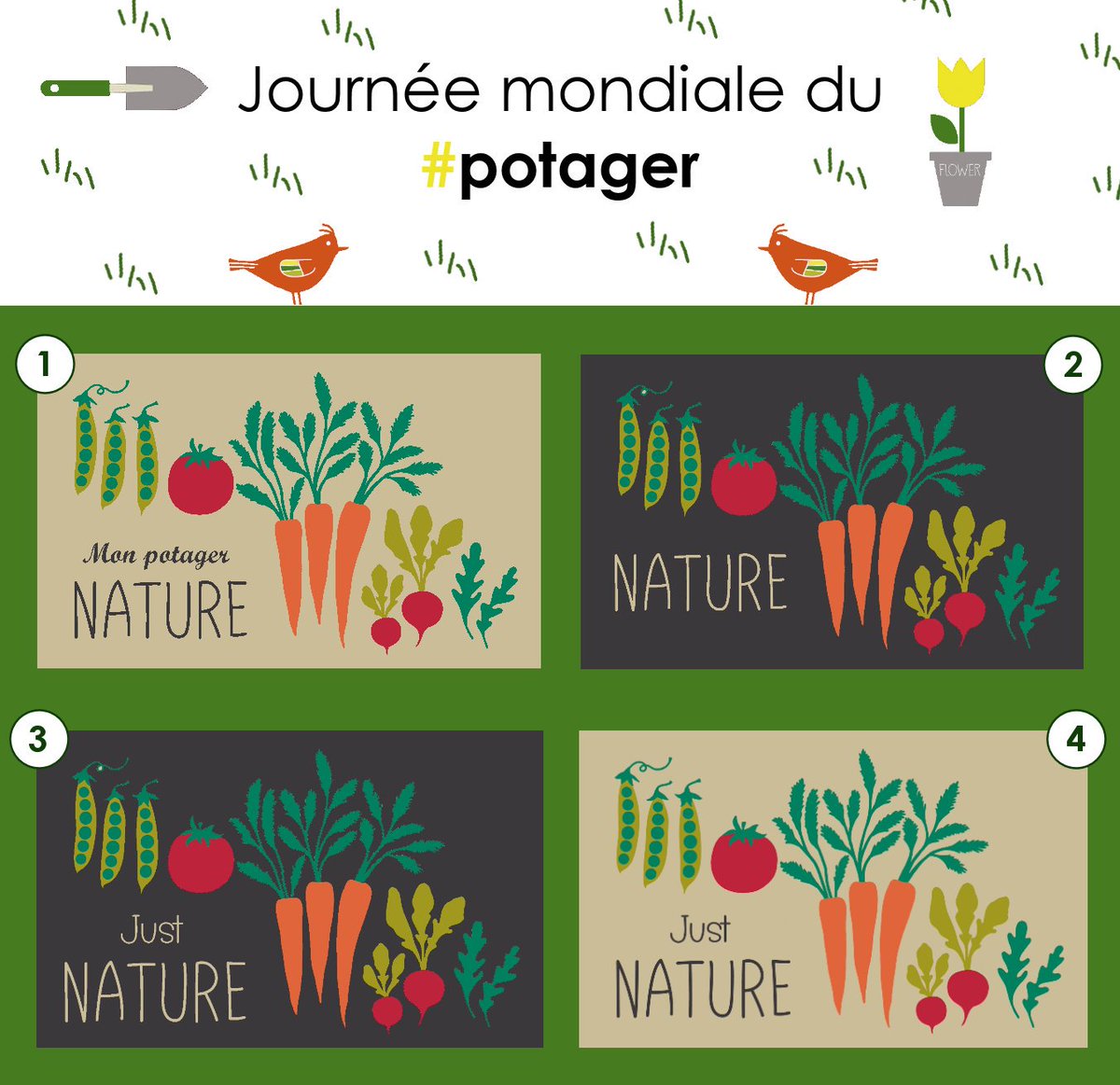 TapisSweetsol's tweet photo. Le dimanche 25 août, on célébrait la journée mondiale du #potager🍅🥕On espère que vous en avez bien profité 😀 

A cette occasion, aidez-nous à créer notre prochaine collection ! Parmi ces dessins sur le thème du potager, lequel préférez-vous ? 1, 2, 3 ou 4 ?

#cocréation 👐 https://t.co/Msyw182zN3