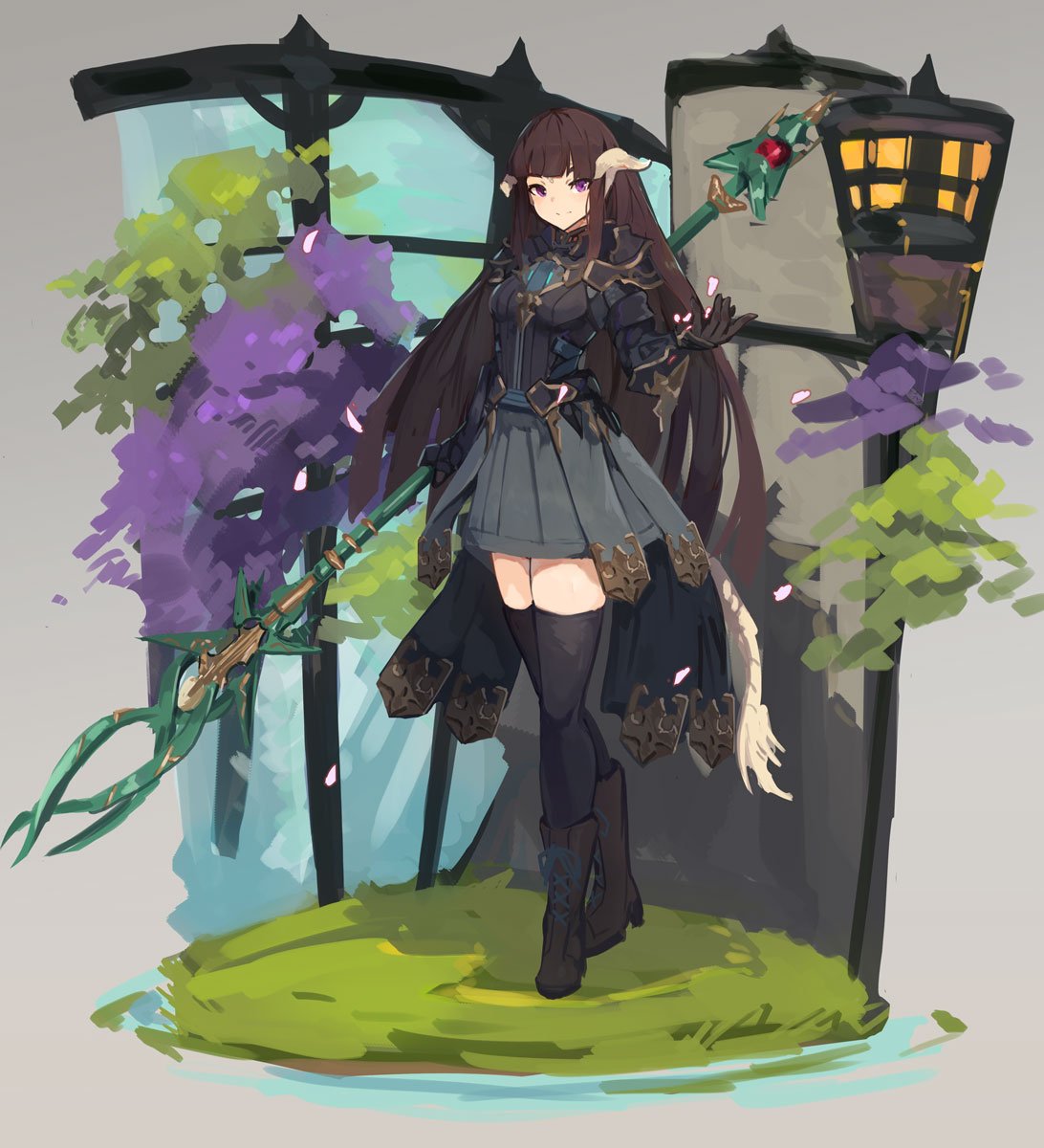 1girl long hair solo au ra thighhighs horns tail  illustration images