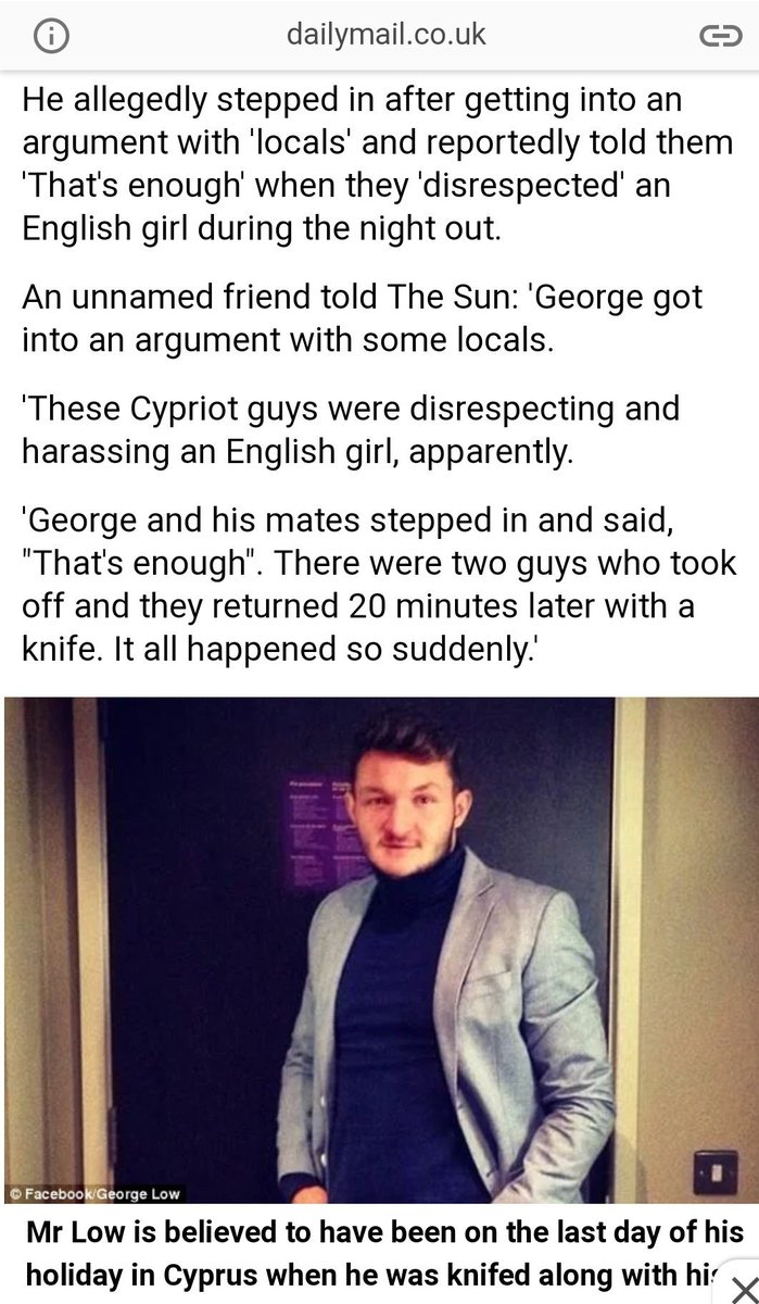 FreeHer4Justice's tweet photo. #GeorgeLow was stabbed to death helping an English girl who was being harrased telling them "thats enough" Then men came back and stabbed him ..still no justice. The dangers of #AyiaNapa for women is very real !! #Cyprus #Justice https://t.co/opijVNxNuF