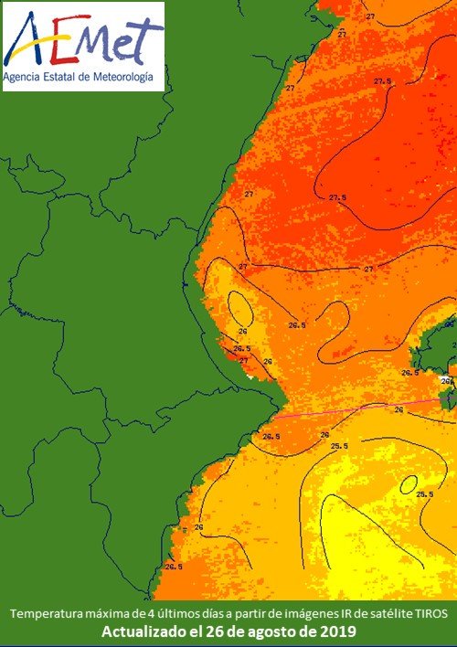 AEMET_CValencia's tweet photo. En muchas ocasiones se habla de la temperatura del mar como factor determinante en las lluvias intensas en las comunidades del Mediterráneo. Adjuntamos Imágenes de temperatura del agua del mar de ayer estimadas a partir de imágenes IR de satélite TIROS. https://t.co/54uAO4wMXi