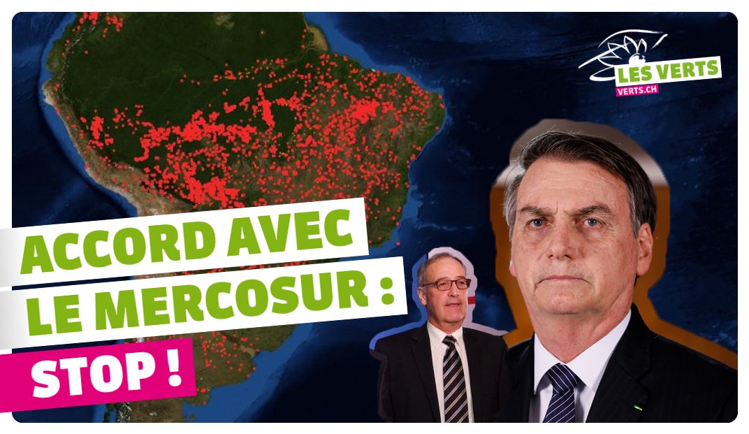 LesVertsSuisses's tweet photo. L’#Amazonie, poumon vital de notre planète, brûle. Et que fait le Conseiller fédéral Parmelin ? Il propose un accord de libre-échange avec les Etats du #Mercosur. 🙈 Nos délégué-e-s décideront ce samedi sur un éventuel référendum contre cet accord. #déterminéEs✊🏽 https://t.co/5DwWX6QRmQ