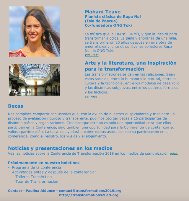 Transform2019's tweet photo. ¡Dale una mirada al último boletín de la Conferencia de Transformación donde presentamos las actividades artísticas de la Conferencia, nuestros conferencistas principales y mucho más! Ve a nuestra página web para ver los boletines https://t.co/E9zFe1jpjr #CambioClimatico #COP25 https://t.co/DaYCd3kfZe
