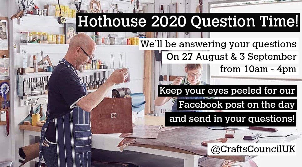 Crafts Council UK (@craftscounciluk) on Twitter photo Got questions about your #Hothouse2020 application? We'll be answering from 10am-4pm on 27 Aug + 3 Sept! Look out for our Facebook post (@ CraftsCouncilUK) and post your question in the comments. Or apply here bit.ly/2JErvgG Image credit <a href="/bonnerleather/">CBonner</a> <a href="/aluncallender/">Alun Callender Photography</a> Got questions about your #Hothouse2020 application? We'll be answering from 10am-4pm on 27 Aug + 3 Sept! Look out for our Facebook post (@ CraftsCouncilUK) and post your question in the comments. Or apply here bit.ly/2JErvgG Image credit <a href="/bonnerleather/">CBonner</a> <a href="/aluncallender/">Alun Callender Photography</a>