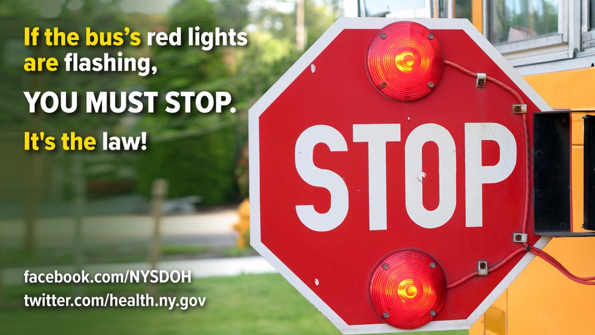 HealthNYGov's tweet image. When a bus has red flashing lights, stop when the bus is: 
- on the opposite side of a divided highway,
- on a multiple-lane roadway,
- in a parking lot, or
- on school grounds.
#BusStopSafety safeny.ny.gov/bktoschl.htm