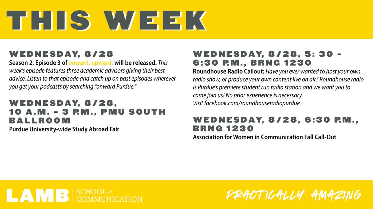 LambSchool's tweet photo. Here's your weekly #ThisWeekNextWeek lists of #practicallyamazing events in the Lamb School. Be sure to mark our calendar with the opportunities that could help you to get the most out of your #LambSchooLife!

Submit your events here: https://t.co/wNVN5l9rzc https://t.co/JagyGIOOXR