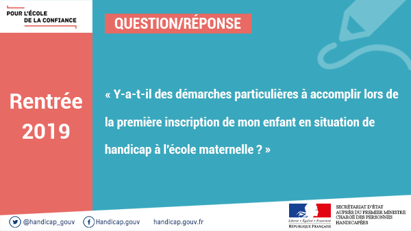 Solidarite_gouv's tweet photo. Vos questions, nos réponses | #Rentrée2019 

🔷 Y-a-t-il des démarches particulières à accomplir lors de la première inscription de mon enfant en situation de handicap à l'école maternelle ?

👉 Réponse dans la Foire Aux Questions d' @EducationFrance : https://t.co/vCDbzRi0IX https://t.co/2GfLm7RMgZ