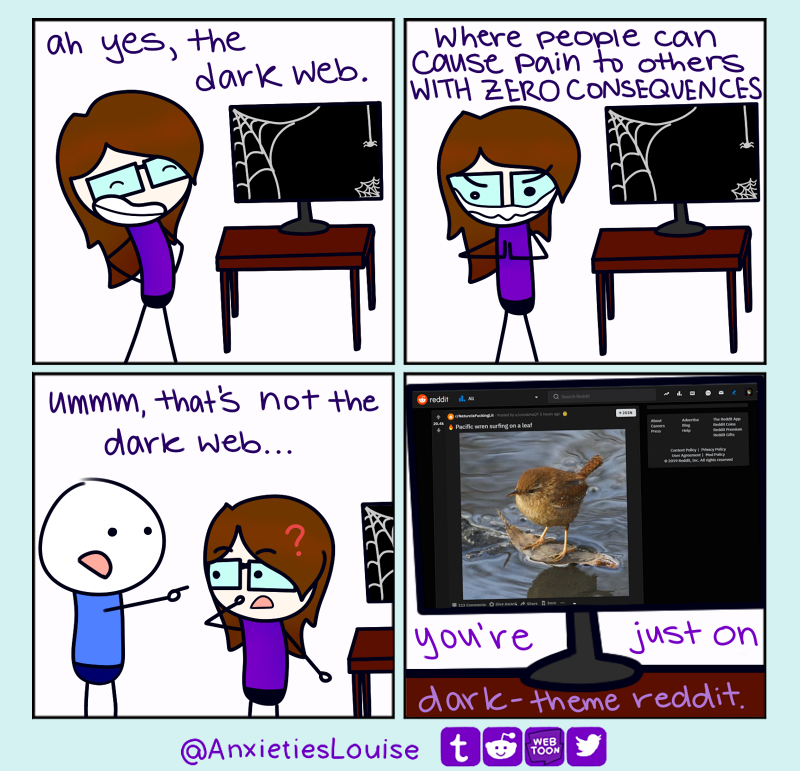 AnxietiesL's tweet photo. Browsing the dark web...

#comics #webcomic https://t.co/1HPiM8nVx5