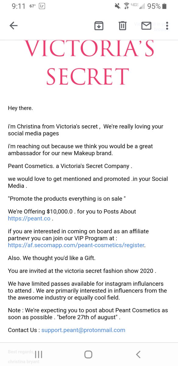 BentleyBlonde's tweet photo. @VictoriasSecret hi there! Just a heads up that fake emails are going out to social media influencers claiming to be from VS. Ive attached a screenshot, https://t.co/iKCTYMOsr8