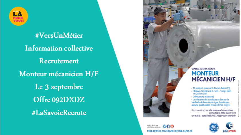 #VersUnMétier L'agence @poleemploi_ara #AixlesBains organise une information collective le 3 septembre dans le cadre d'un #recrutement monteur mécanicien 🔧<a href="/generalelectric/">General Electric</a>. Ouvert aux débutants via #MRS
Pour vous inscrire ▶️ bit.ly/2ZAPeHy
#emploi #Savoie #industrie