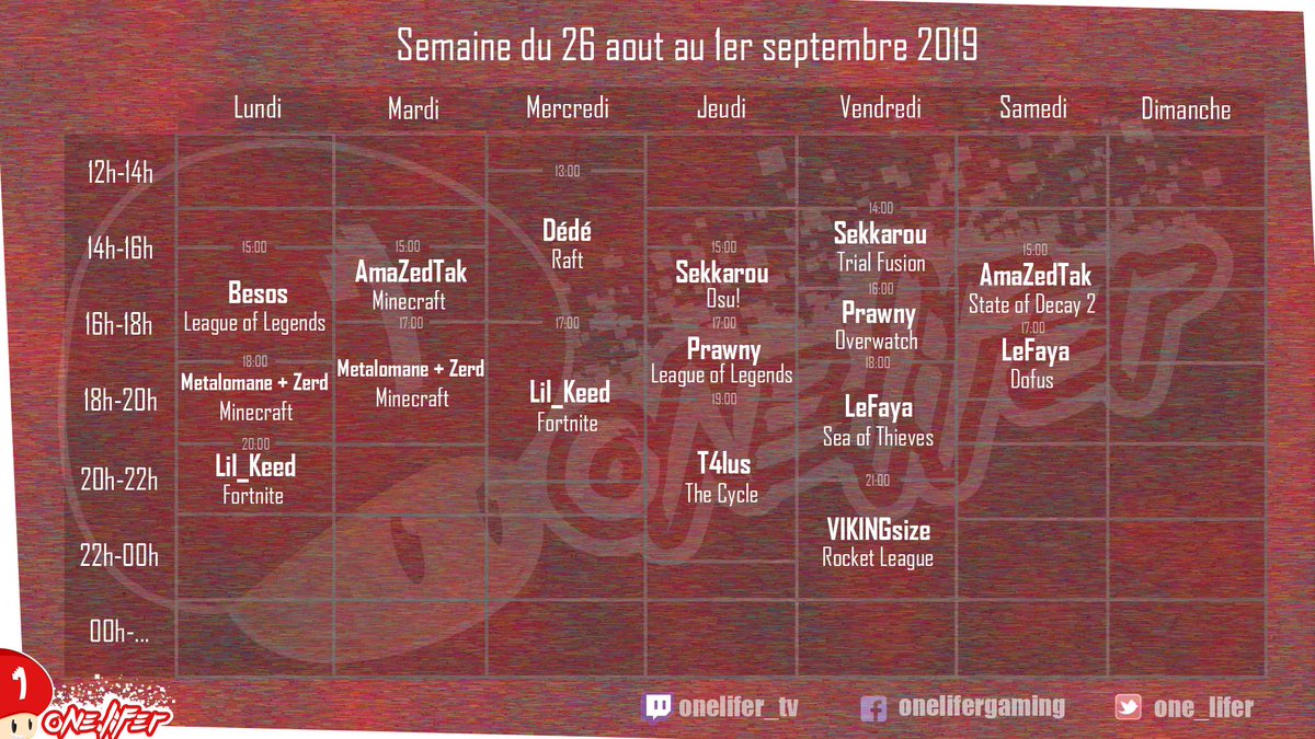 one_lifer's tweet photo. Voilà le planning de la TV #twitch pour cette semaine !
Un nouveau streamer fait son apparition : AmaZedTak, venez l'accueillir comme il se doit : https://t.co/DJtOg5mFGQ https://t.co/nInKdmCbmF