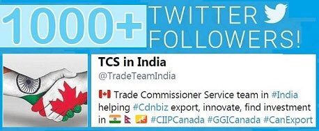 TradeTeamIndia's tweet photo. Great news to start to the week...
We’ve reached 1,000 Followers on Twitter!
Big shoutout to our 50-member @TradeTeamIndia network for helping tell the @TCS_SDC story what we do to support #Cdnbiz 🍁#TimeToDiversifyINDIA🇮🇳 https://t.co/qftPc6KAhp