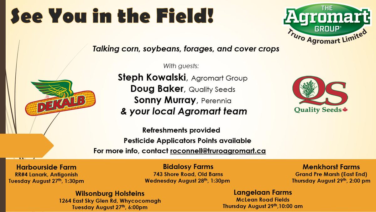 Truroagromart's tweet photo. Don't miss our field meetings this week across #NS! We are coming to you! 

With refreshments, pesticide points, &amp; lots of expertise @kowalsk11, @farm368, &amp; @NSPerennia!

@QualitySeedsLtd @DEKALB_Canada https://t.co/o50Zl1ltSA