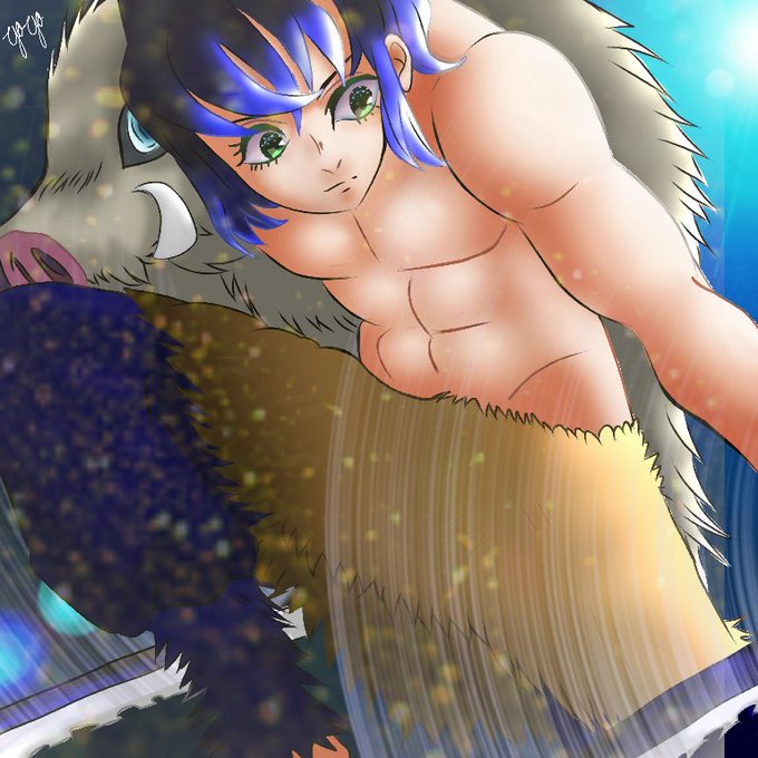 夜々さんがTwitterに投稿した嘴平伊之助(鬼滅の刃)のイラスト。