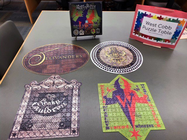 cobblibrary's tweet photo. #WestCobbLibrary just completed this fun Harry Potter-themed puzzle. Come by and help us finish what is next! .
#communitypuzzle #puzzletable #puzzlemania #cobblibrary https://t.co/MSwniYYIBN https://t.co/c4kZgzPZHJ