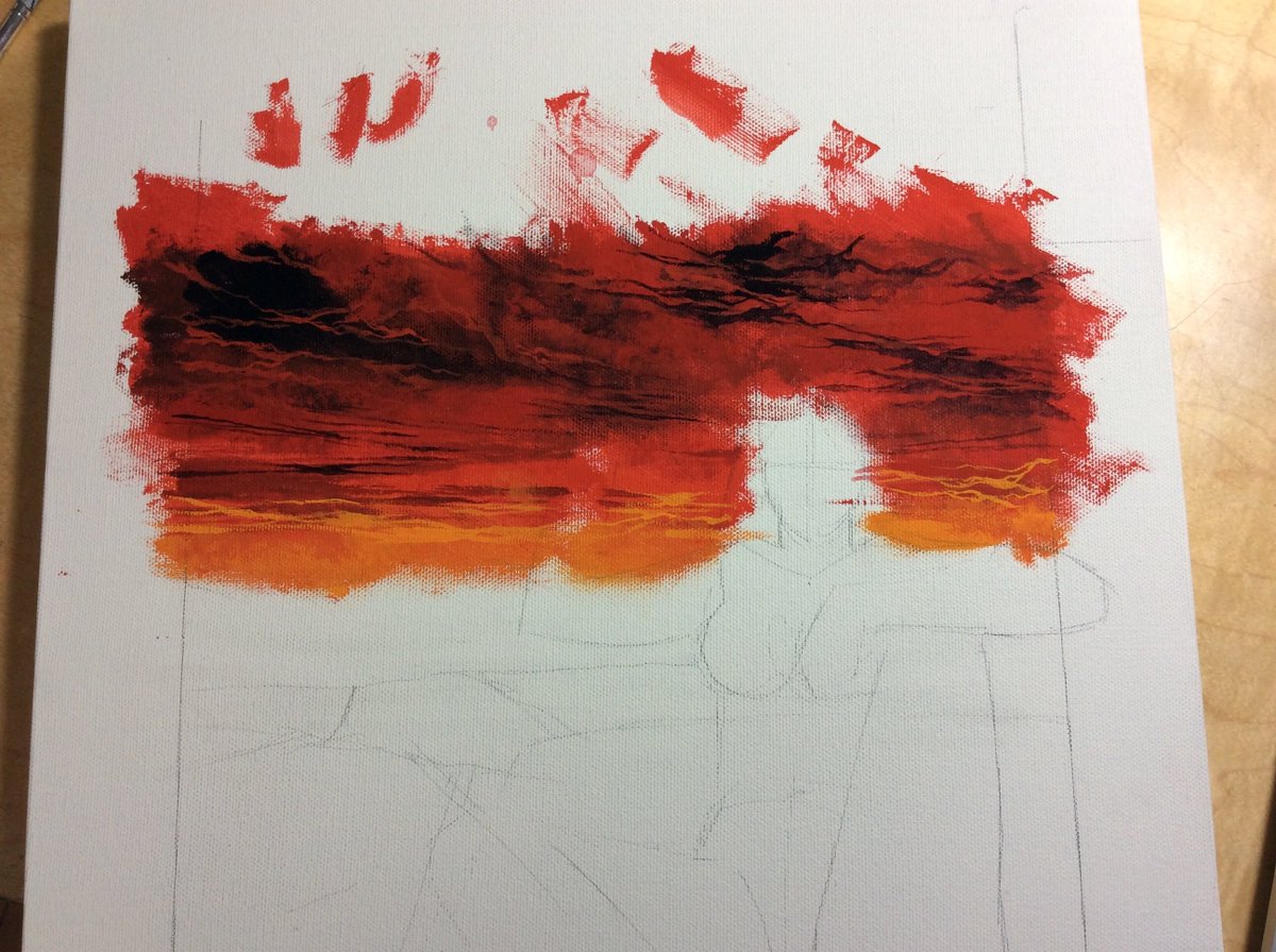喜国雅彦 国樹由香 Twitterissa メタルのcdジャケット描く その１ 真っ赤な空を描く 画材はアクリル 絵の具の乾きが早い イラストボードと違って キャンバスは絵の具をひっぱったりこねくったりできるので 下描きもせずに塗り始める 雅 レイザー