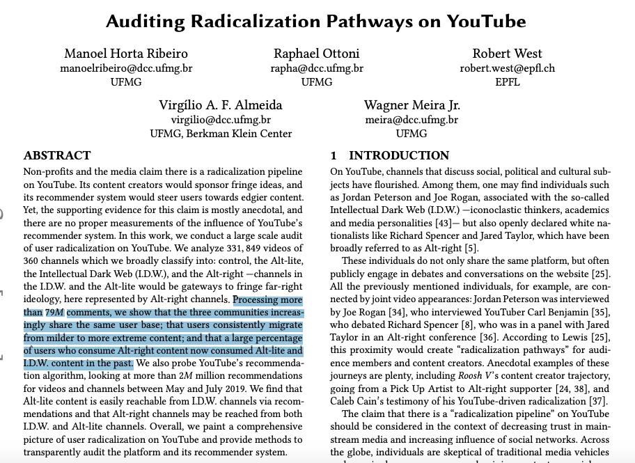 JeffreyASachs's tweet image. More evidence of YouTube rightwing radicalization. In a study of &amp;gt;79 million YouTube comments, @manoelribeiro et. al. shows that a high % of people who now comment on Alt-Right videos used to comment exclusively on IDW or Alt-lite videos.

arxiv.org/abs/1908.08313