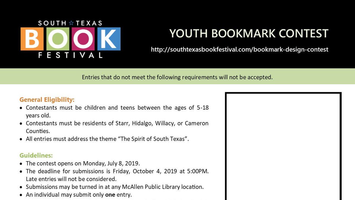 Calling all youth artists! Get creative and design a bookmark with our 2019 STBF theme of 'The Spirit of South Texas' for a chance to be featured in our festival! Details at  bit.ly/stbfbkmark. #STBF #youth #artists