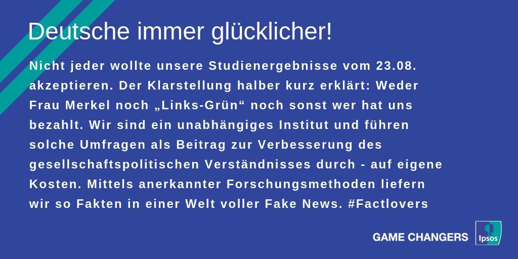 IpsosGermany's tweet photo. Deutsche immer glücklicher – offenbar nicht für jeden eine positive Meldung. Als #Factlover in postfaktischen Zeiten hat man es nicht leicht… #FakeNews https://t.co/W9aYI6D5iy 🍀 https://t.co/HzuoyQBJ7b