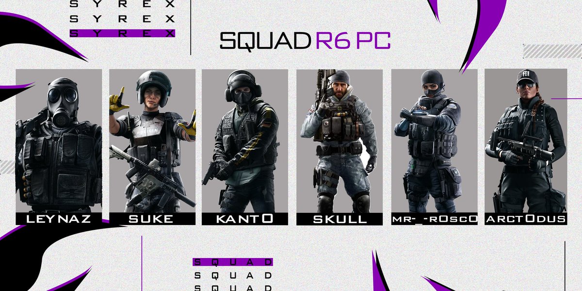 SyreXeSports's tweet photo. [ #PRESENTACIÓN ]

Presentamos nuestra Squad de #R6PC, lo van a dar todo por el club!

👤- @Victor89357951
👤- @Lucas24082
👤- @xBorXYT
👤- @IvnMoureVarela1
👤- @Y3r4y1

#GoSyreX 🐼💜 https://t.co/C6rTwg8yYP
