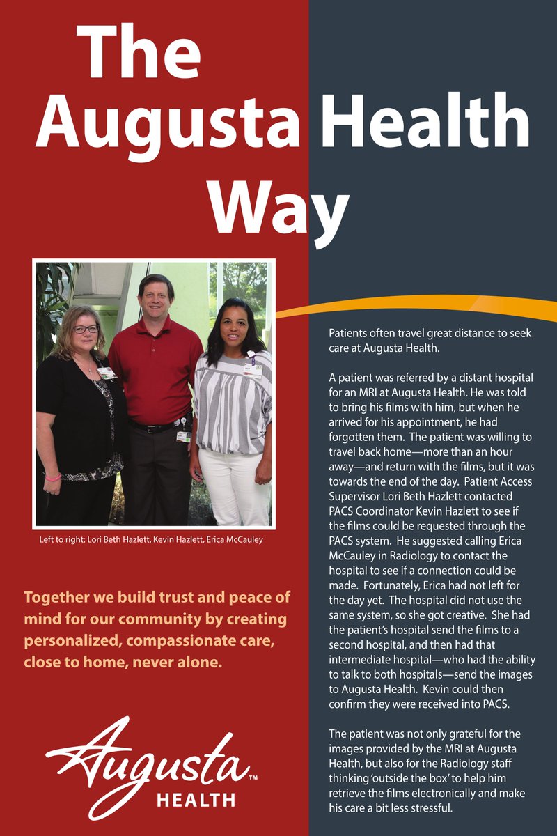 AugustaHealthVA's tweet photo. A patient was to bring his previous films with him, but when he arrived for his appointment, he had forgotten them. Thanks to the teamwork of Lori, Kevin, & Erica they were able to come up with a plan! #theaugustahealthway #valuescelebration #teamwork https://t.co/ks3PCh7kEC