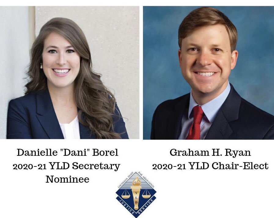 LSBA_YLD's tweet photo. Congratulations to Danielle L. Borel, who this weekend received the nomination for LSBA YLD Secretary (2020-21)! Dani will automatically succeed to the position of Chair-Elect (2021-22) following current LSBA YLD Secretary Graham H. Ryan. #yourLSBA https://t.co/WtNyh0uSx7