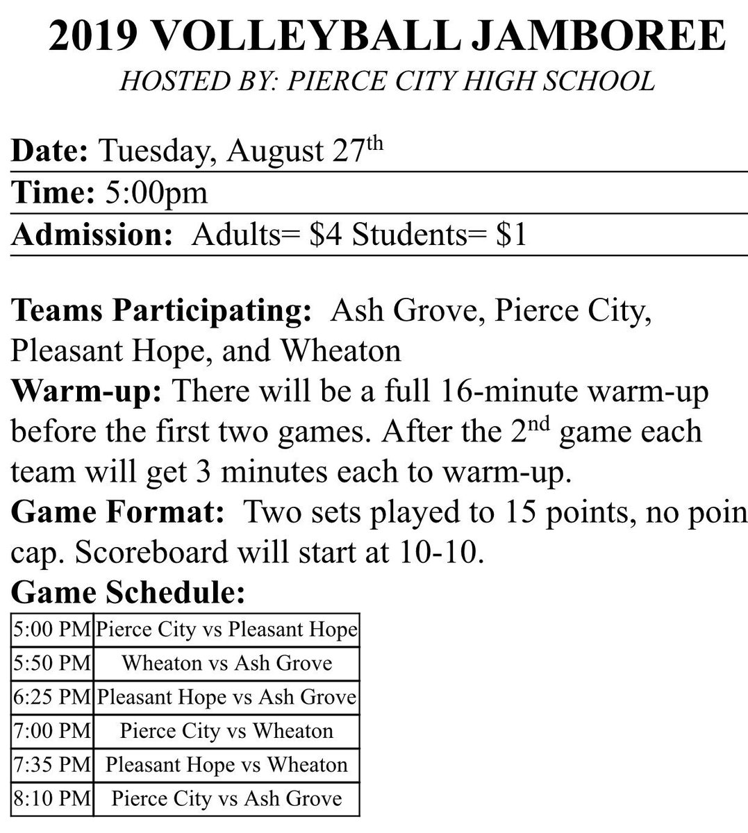 Pierce City Eagles Volleyball (@pceaglesvball) on Twitter photo <a href="/OzarksOzone/">Ozarks Sports Zone</a> <a href="/scoreboardguy/">SCOREBOARD GUY</a> <a href="/mhsvca/">MO VB Coaches</a> <a href="/pchs_athletics/">PC Athletics</a> Volleyball Season kicks off tomorrow for the Pierce City Lady Eagles as they host a Jamboree with Ash Grove, Pleasant Hope, and Wheaton starting at 5pm. #vbseason #ontheroadtosuccess <a href="/OzarksOzone/">Ozarks Sports Zone</a> <a href="/scoreboardguy/">SCOREBOARD GUY</a> <a href="/mhsvca/">MO VB Coaches</a> <a href="/pchs_athletics/">PC Athletics</a> Volleyball Season kicks off tomorrow for the Pierce City Lady Eagles as they host a Jamboree with Ash Grove, Pleasant Hope, and Wheaton starting at 5pm. #vbseason #ontheroadtosuccess