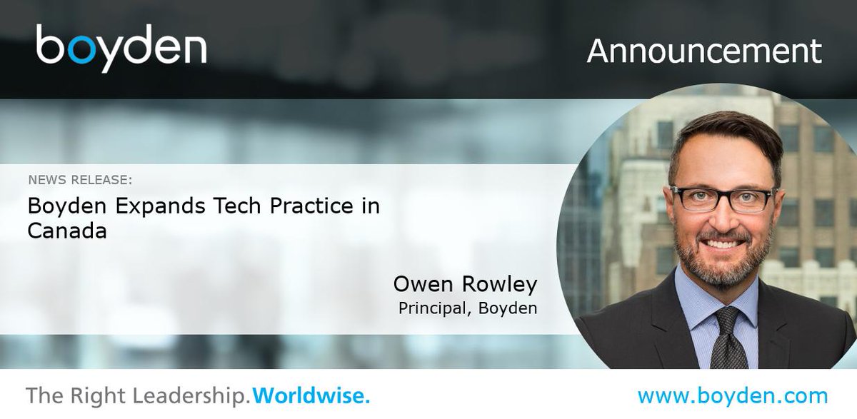 Boyden expands tech practice in Canada, welcoming new #Vancouver Principal, Owen Rowley. With a strong leadership background in #tech &amp; #humancapital management, Owen brings expertise in #businessintelligence, #infrastructure, #applications and #CRM >> boyden.com/media/boyden-e…
