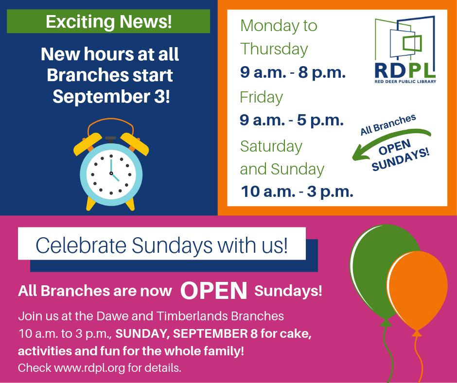 rdpl's tweet image. BIG NEWS! Our library hours are changing, with new hours in effect at all branches beginning September 3. The best part?! We&apos;re now open Sundays at ALL branches!