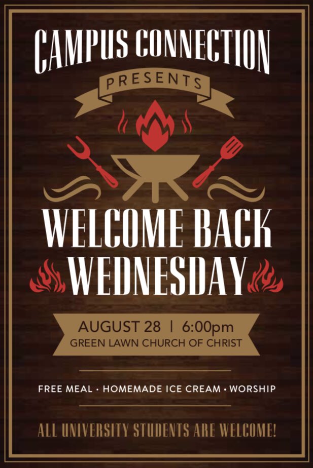 GreenLawn59's tweet photo. Join us as we Welcome Back our University Students this Wednesday in the DAC.  Dinner at 6:00.  Worship and Keynote at 7:00.  All adult classes will be meeting in the DAC that evening as we welcome back our college-aged neighbors. https://t.co/tEuu0q9Ne8