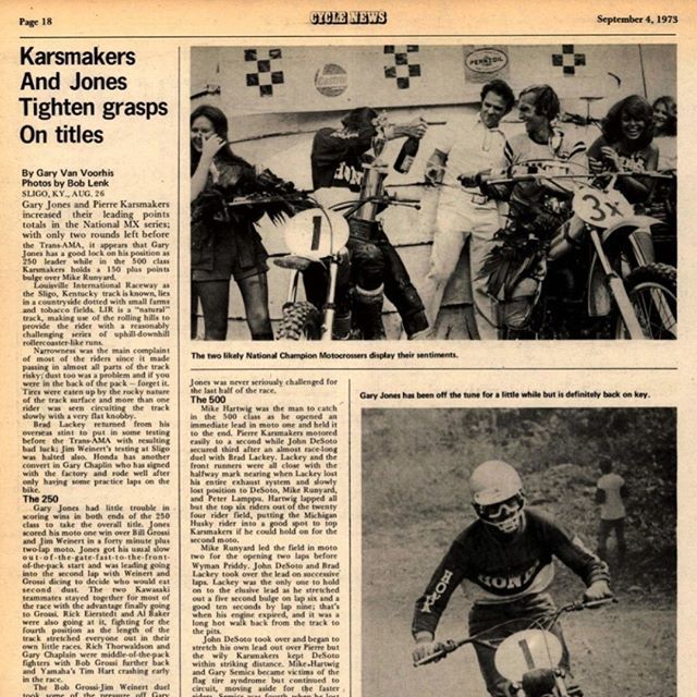 Today in Motocross 8/26/73 - Gary Jones and Pierre Karsmakers took class wins in Kentucky. See all the results and race coverage in this edition of Cycle News - ift.tt/2MUfypm #LegendsandHeroes (Image courtesy Cycle News Archives @cyclenews ) ift.tt/2ZjhWxf