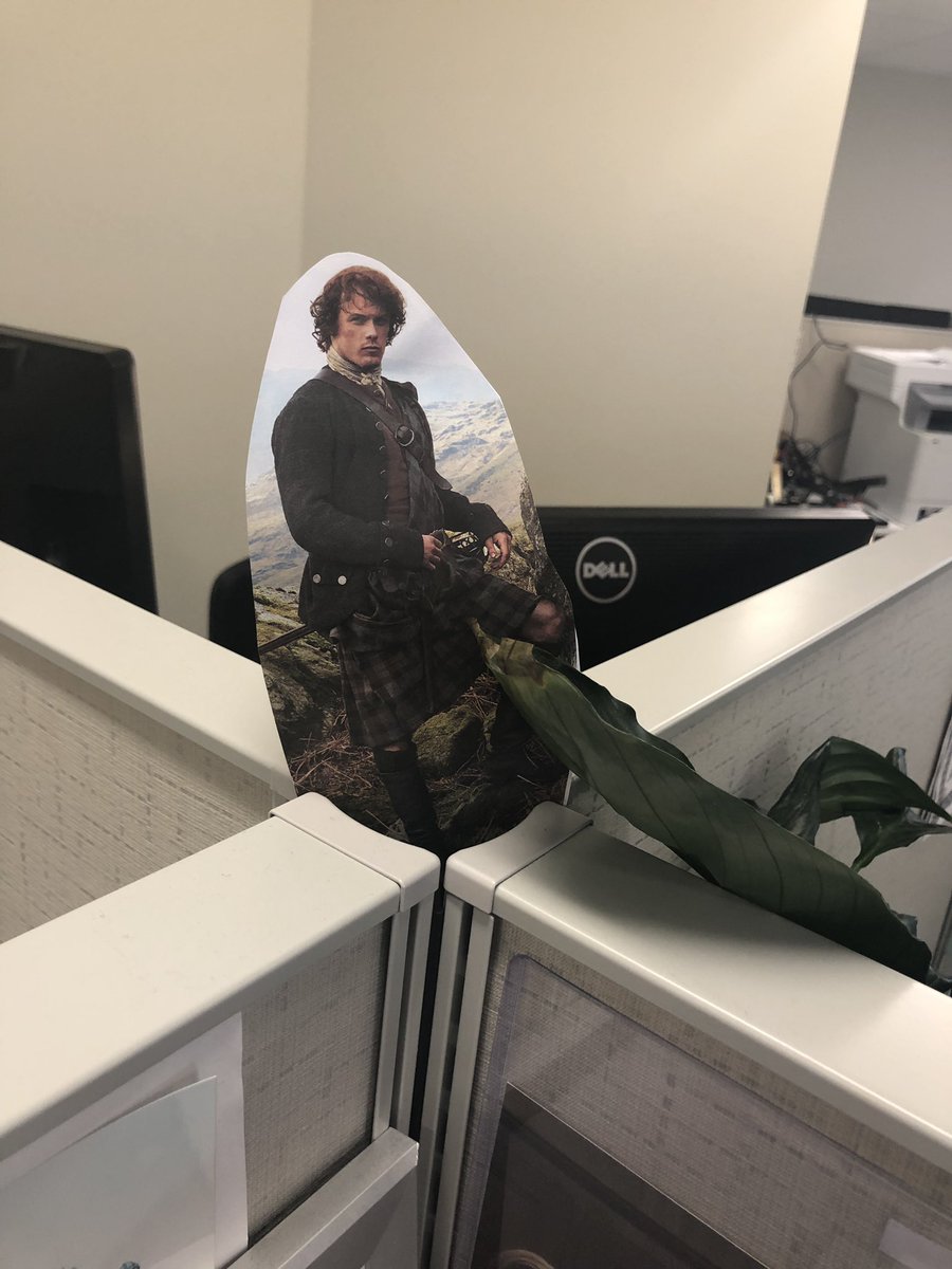 music81's tweet photo. Yep the office now has a flat Jamie. He can attend meetings and help with office morale. So fun to discover I’m not the only Outlander and Heughligan at work. #flatjamie #outlander #heughligan #aye #sassenach https://t.co/VQcqPPWUKO