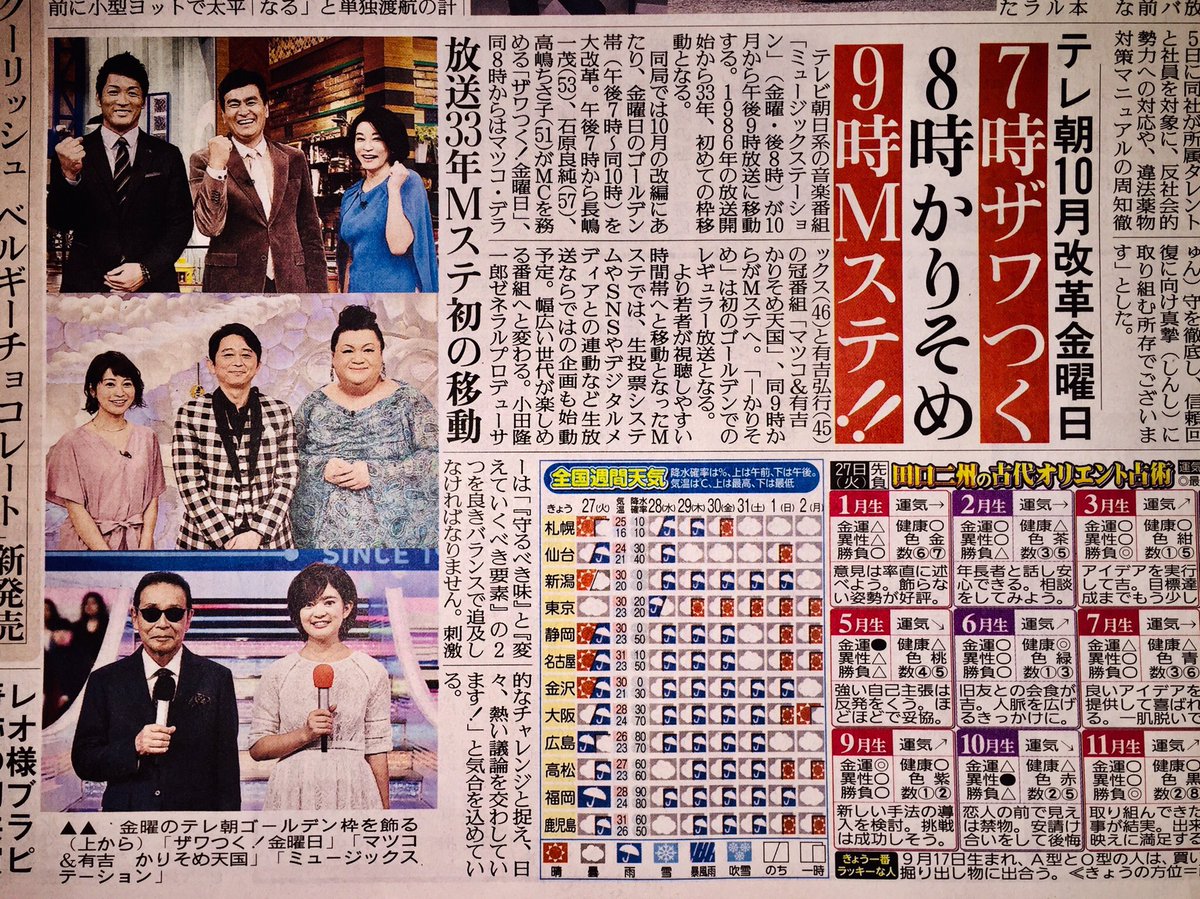 Twitter पर 元レム色 渡辺剛太 テレ朝 金曜夜 10月から ７時 ザワつく 金曜日 ８時 マツコ 有吉 かりそめ天国 ９時 ミュージックステーション 改編 報知 ｍステ放送33年で初の枠移動 ９時から Mステ かりそめ天国