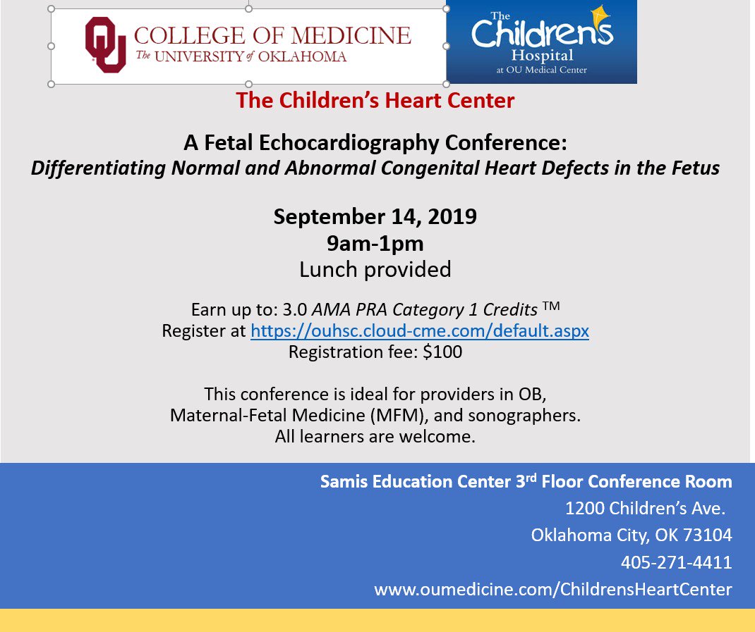 OUMedEd's tweet photo. Registration Open: A Fetal Echocardiography Conference: Differentiating Normal &amp; Abnormal Congenital Heart Defects in the Fetus: https://t.co/xfvZZpzOf6 @OUMedicine @OUMCEdmond #obgyn #MFM #sonographers https://t.co/IHh7A8UoU6