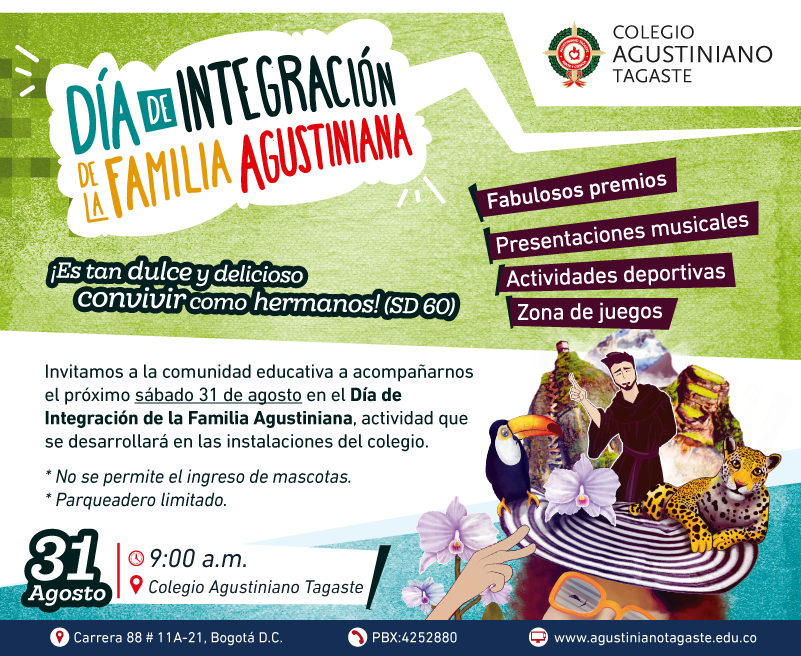 ColAgustinianoT's tweet photo. 📢 Invitamos a la comunidad educativa a acompañarnos el próximo sábado 31 de agosto en el Día de Integración de la Familia Agustiniana, actividad que se desarrollará en las instalaciones del colegio. Los esperamos.😎💯💓.
https://t.co/k8YeDn2cPg
#AgustinianoTagaste https://t.co/ASxjfRfrjq